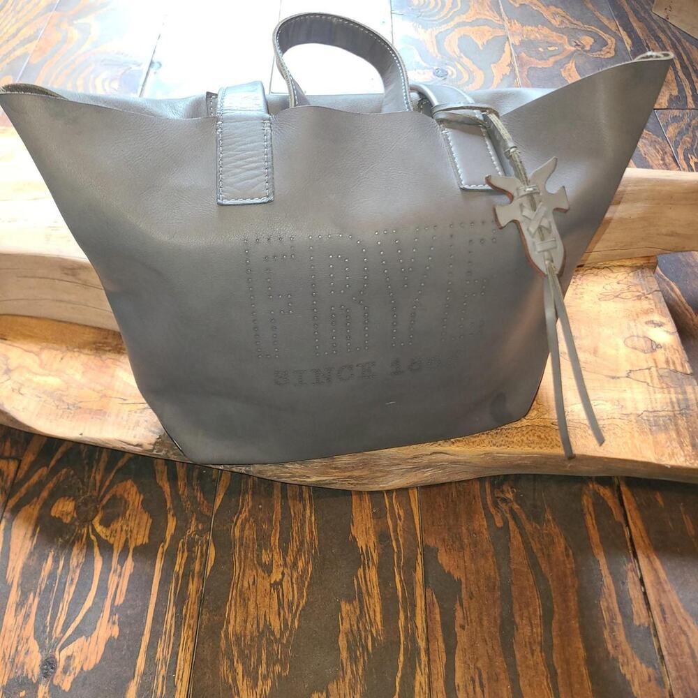 FRYE Grey Leather Tote Bag Perforated Logo Charm Shoulder Handbag